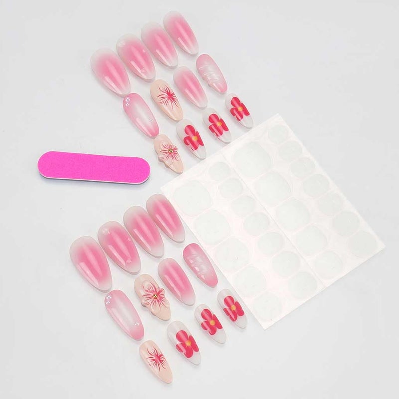 Foccna Almond Press on Nails Soft Gel Medium Nude Fake Nails French Glossy False Nail Tips Artificial Nails 3D Flower Clear,24pcs - Image 3